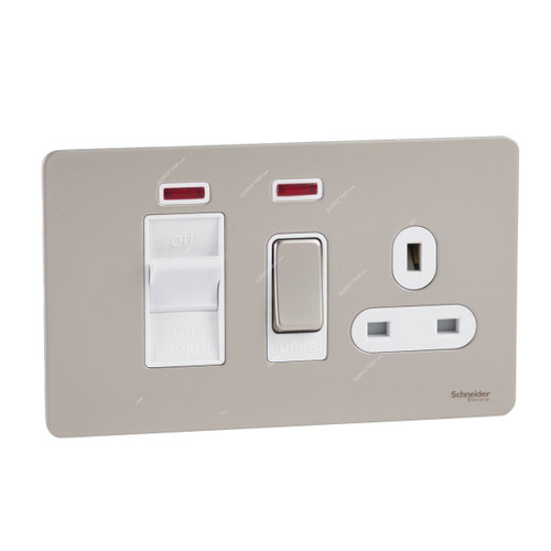 Schneider Electric Screwless Flat Plate Switched Socket With Cooker Control Unit, Ultimate, 2 Gang, 45A, Pearl Nickel