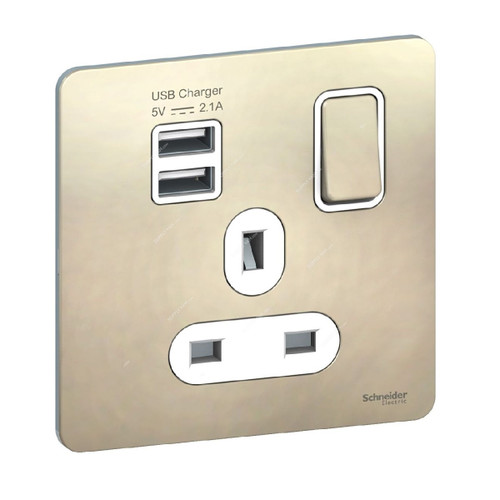 Schneider Electric Switched Socket With 2 USB Port, Ultimate, 1 Gang, 2P+E, 13A, Pearl Nickel