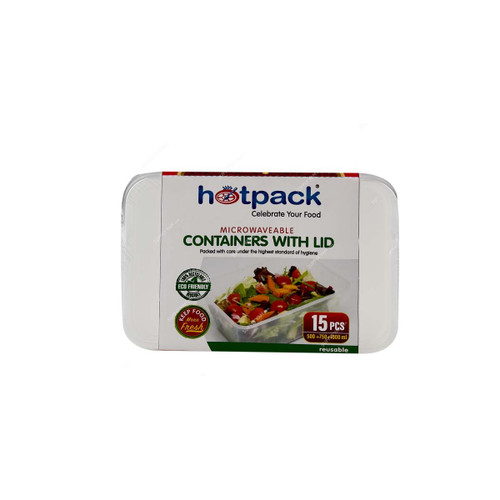 Hotpack Microwaveable Food Container With Lid, PPMC1000750500HP, Polypropylene, Smoky White, 15 Pcs/Set