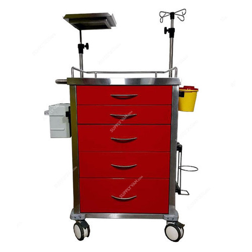 DP Metallic Medical Emergency Trolley, Stainless Steel, 5 Drawers, Silver/Red