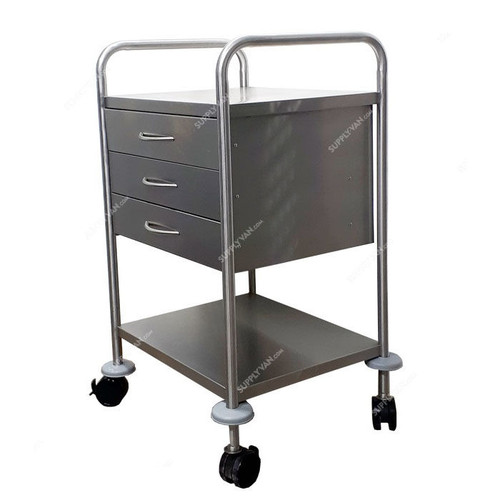 DP Metallic Dressing Trolley With 3 Drawers, Stainless Steel, 2 Shelves, Silver