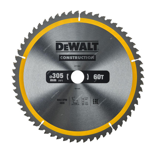 Dewalt Stationary Construction Circular Saw Blade, DT1960-QZ, 30MM Bore Size x 305MM Blade Dia, 60 Teeth  -    