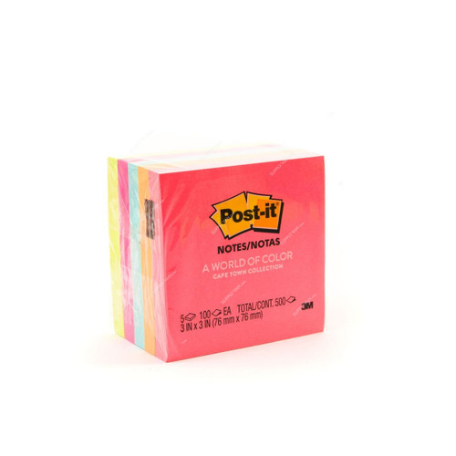 Post-It Sticky Note, 654-5PK, 100 Sheets, 3 Inch Width x 3 Inch Length, Neon Assorted, 5 Pads/Pack