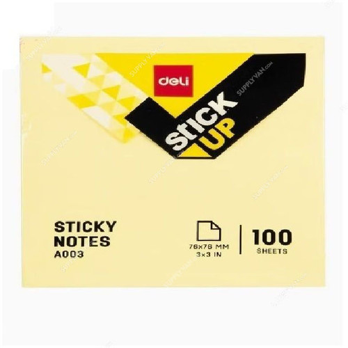 Deli Sticky Notes, A003, 70 GSM, 76MM Width x 76MM Length, Yellow, 100 Pcs/Pack