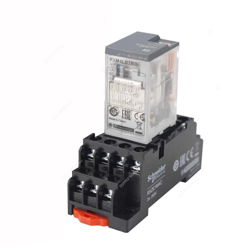 Schneider Electric Miniature Plug-In Relay With Socket, RXM4AB2BD+RXZE2M114M, 24VDC, 4 CO, 6A