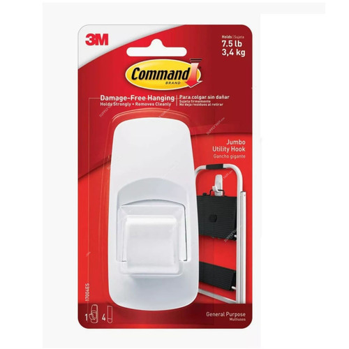 Command Jumbo Utility Wall Hook, Plastic, 3.4 Kg Loading Capacity, White Command Jumbo Utility Wall Hook, Plastic, 3.4 Kg Loading Capacity, White