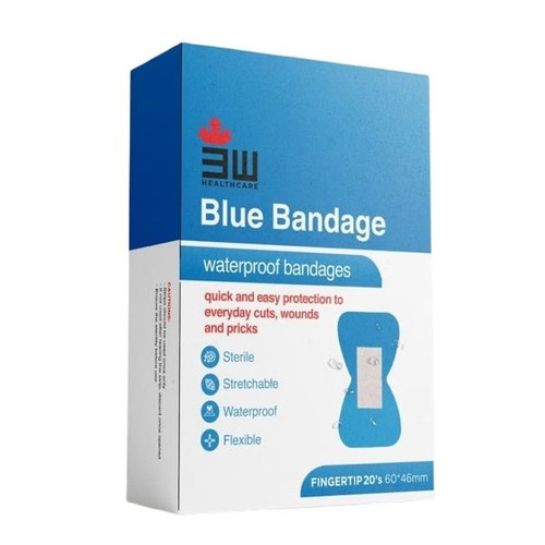 3W Waterproof Fingertip Bandage, 3WM-NO-141, 46MM Width x 60MM Length, Blue, 20 Pcs/Pack 3W Waterproof Fingertip Bandage, 3WM-NO-141, 46MM Width x 60MM Length, Blue, 20 Pcs/Pack