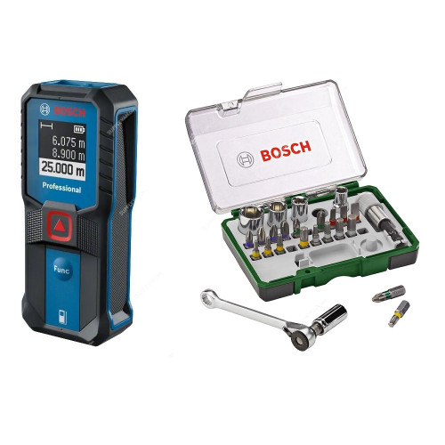 Bosch Professional Laser Measure With 27 Pcs Mini Ratchet Set, GLM-25-23, 1.5V, 25 Mtrs Range