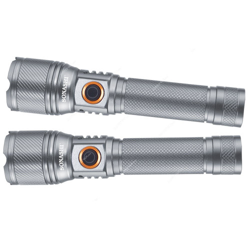 Sonashi Rechargeable LED Torch, SLT-3711Z, Aluminium, 5000 mAh, 800 LM, 800 Mtrs Focus Range, 2 Pcs/Pack