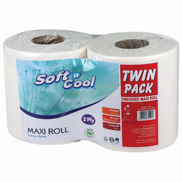 Hotpack Paper Maxi Roll, MR2TP, Soft n Cool, 2 Ply, 130 Mtrs, White, Twin Pack