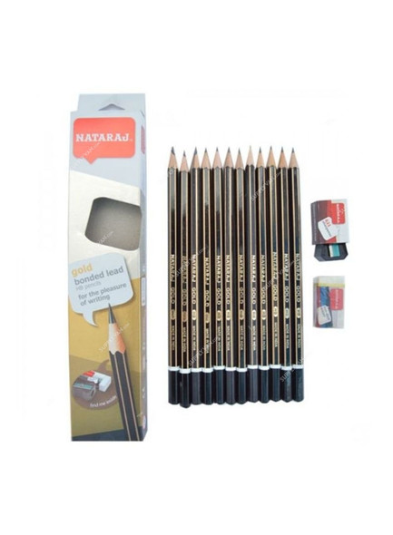 Nataraj Pencil With Sharpener and Eraser, HP201003001, HB, Gold and Black, 12 Pcs/Pack