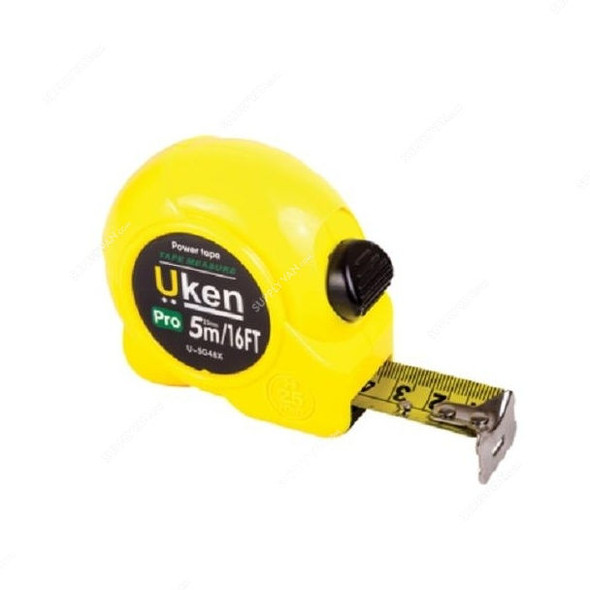 Uken Measuring Tape, U5G48XY, 25MM, 5 Mtrs, Metric/Imperial, Steel, Yellow