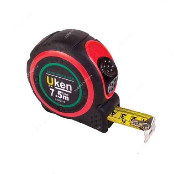 Uken Measuring Tape, U7HG53XR, 25MM, 7.5 Mtrs, Metric, Steel, Red/Black