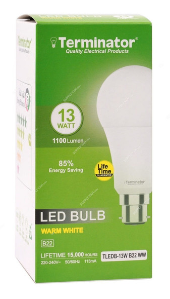 Terminator LED Bulb, TLEDB-13W-B22-WW, 113 mA, 13W, 1100 LM