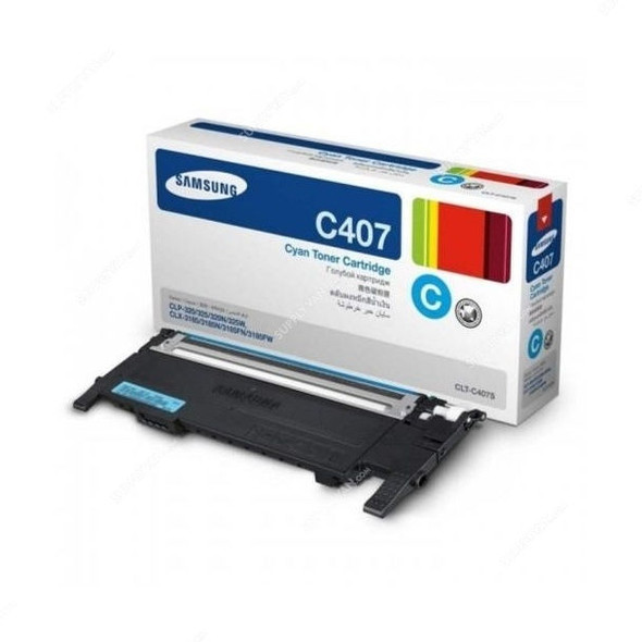 Samsung Toner Cartridge, CLT-C407, Cyan, 1000 Pages Yield