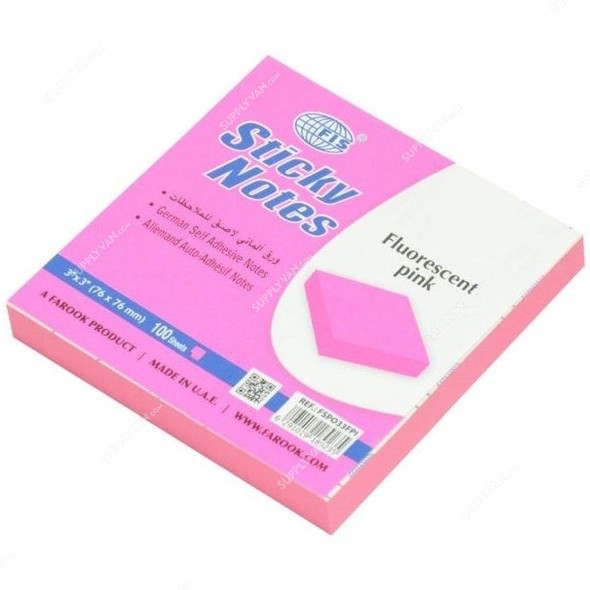 FIS Sticky Notes Set, FSPO33FPI, 100 Sheets, 3 x 3 Inch, Fluorescent Pink, PK12