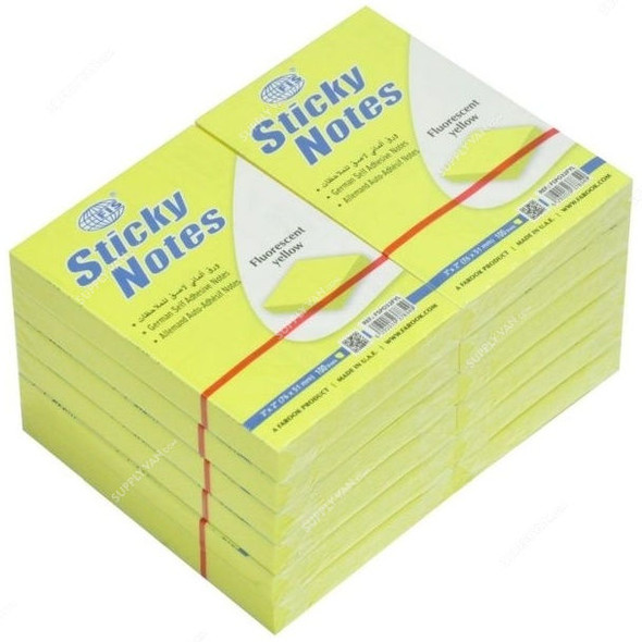 FIS Sticky Notes Set, FSPO32FYL, 100 Sheets, 3 x 2 Inch, Fluorescent Yellow, PK12