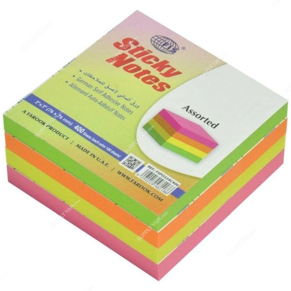 FIS Sticky Notes Set, FSPO334C400, 400 Sheets, 3 x 3 Inch, Assorted