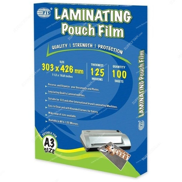 FIS Laminating Film, FSLM303X426N, 100 Sheets, 125 GSM, 303 x 426MM, Clear, PK100
