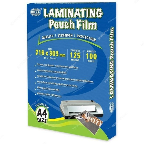 FIS Laminating Film, FSLM216X303N, 100 Sheets, 125 GSM, 216 x 303MM, Clear, PK100