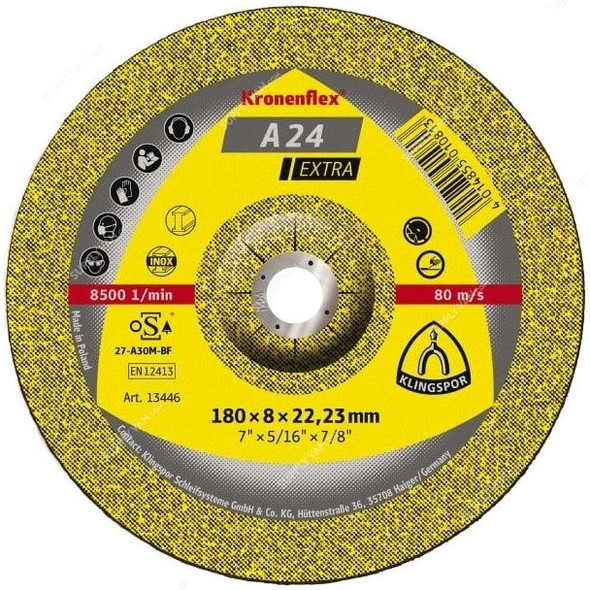 Klingspor Grinding Disc, A24EX, Kronenflex, Extra, COO, 6MM Thk, 22.23MM Bore Dia x 100MM Disc Dia