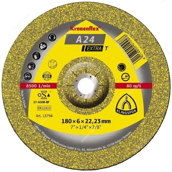 Klingspor Grinding Disc, A24EX-T, Kronenflex, Extra, 6MM Thk, 22.23MM Bore Dia x 180MM Disc Dia