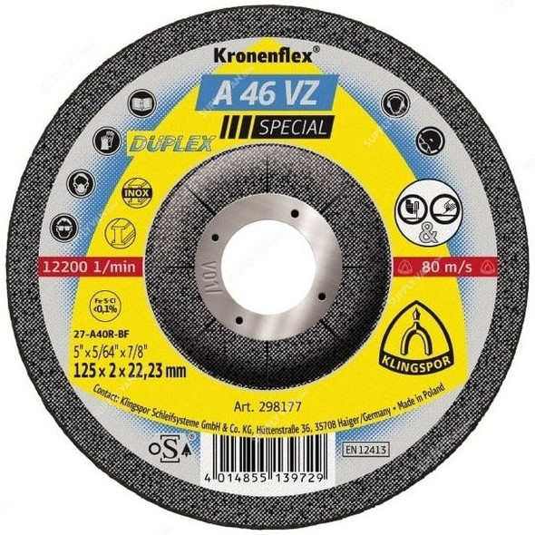 Klingspor Grinding Disc, A46VZ, Kronenflex, Special, 125MM
