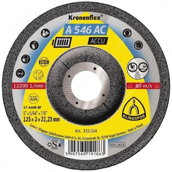 Klingspor Grinding Disc, A546AC, Kronenflex, Accu, 115MM