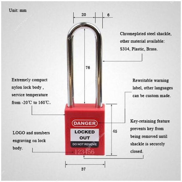 LockD Safety Padlock, KD-P76P, Nylon, 6 x 76MM, Red