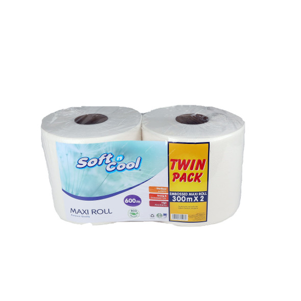 Hotpack Paper Maxi Roll, PASNCMR1WTP, Soft n Cool, 1 Ply, 300 Mtrs, White, Twin Pack