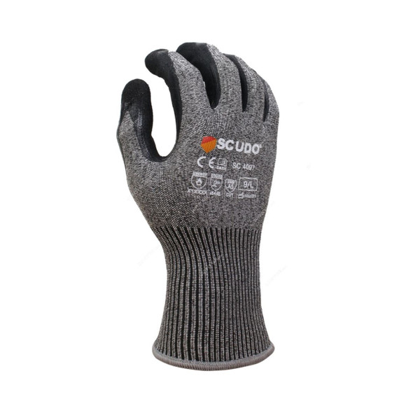 Scudo Cut Level 5 Coating Sandy Nitrile Safety Gloves, SC-4097, L, Grey/Black