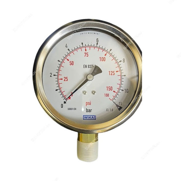 Wika Liquid Filled Bourdon Tube Pressure Gauge, 213-53-100, 0 to 11 Bar, 1/2 Inch NPT
