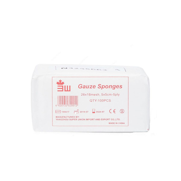 3W Gauze Sponge, NO-20, 8 Ply, 5CM Width x 5CM Length, White, 100 Pcs/Pack