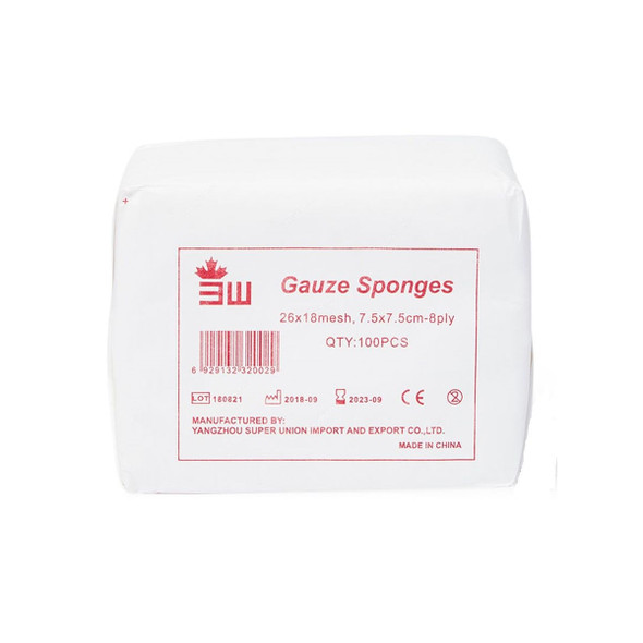 3W Gauze Sponge, NO-21, 8 Ply, 7.5CM Width x 7.5 Length, White, 100 Pcs/Pack