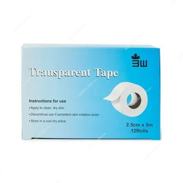 3W Transparent Tape, NO-15, 2.5CM Width x 5 Mtrs Length, Clear, 12 Rolls/Box