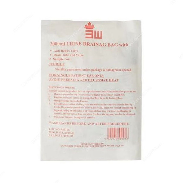 3W Urine Bag With Stopper, NO-73, 2 Ltrs, Clear, 10 Pcs/Pack