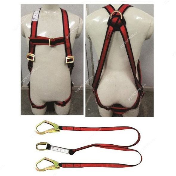 Workworth Body Harness With Twin Webbing Lanyard, SF-FBH-A-1021 SF-NWFL-3601, Red and Black