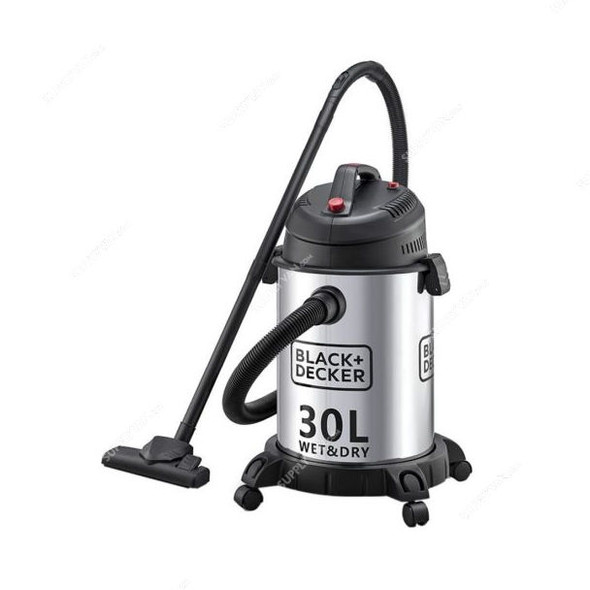 Black and Decker Wet/Dry Drum Vacuum Cleaner, WV1450-B5, 1610W, 30 Ltrs Tank Capacity, Silver/Black