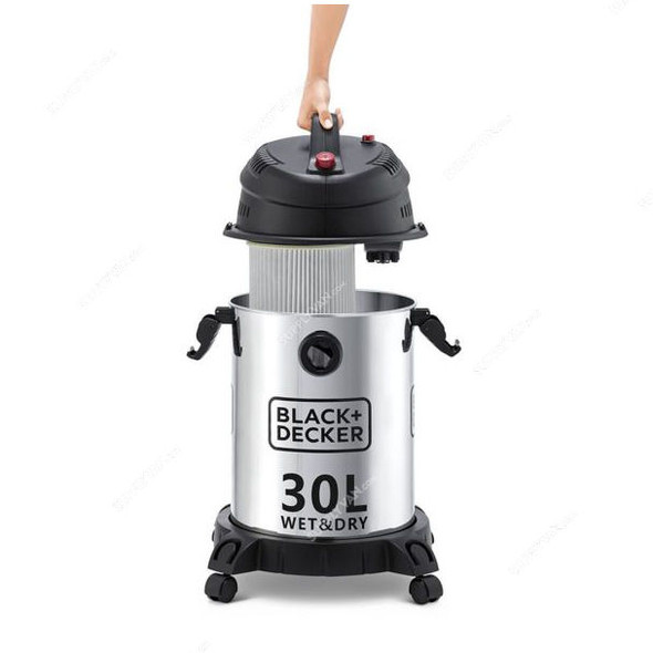 Black and Decker Wet/Dry Drum Vacuum Cleaner, WV1450-B5, 1610W, 30 Ltrs Tank Capacity, Silver/Black