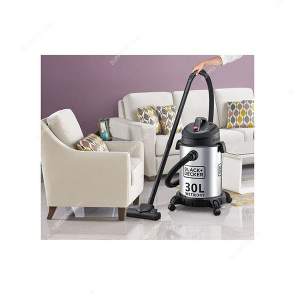 Black and Decker Wet/Dry Drum Vacuum Cleaner, WV1450-B5, 1610W, 30 Ltrs Tank Capacity, Silver/Black