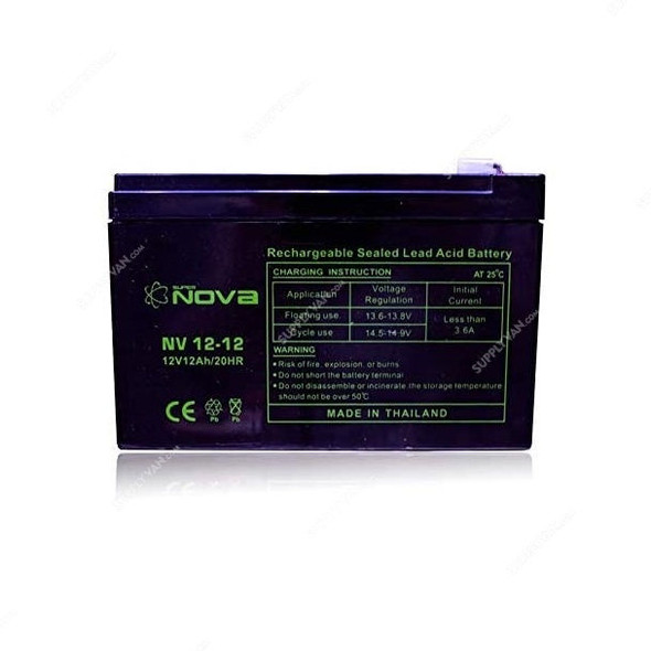 Nova Rechargeable Sealed Lead Acid Battery, NV12-12, 12V, 12Ah/20Hrs