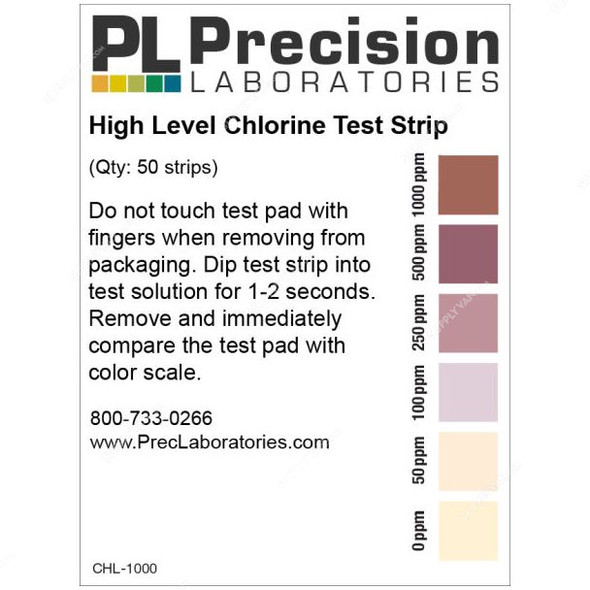 Precision Chlorine Test Strip, CHL-1000, 1000ppm, 64 x 5MM, PK50