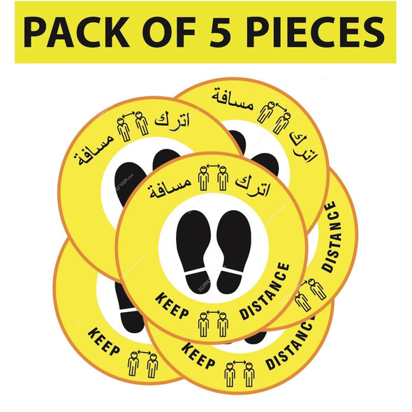 Warrior Keep Distance Social Distancing Sticker, 9150, Yellow, 30CM, English-Arabic, 5 Pcs/Pack