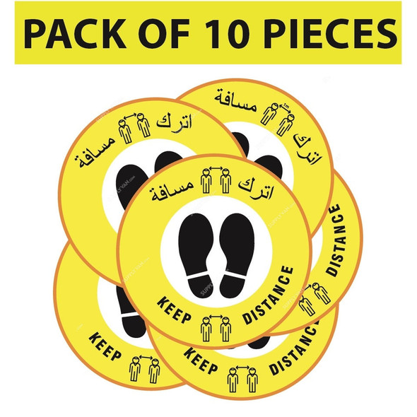 Warrior Keep Distance Social Distancing Sticker, 9151, Yellow, 30CM, English-Arabic, 10 Pcs/Pack