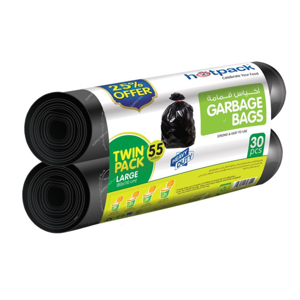 Hotpack Heavy Duty Garbage Bag, OPGBR80110TP25P, 55 Gallon, L, Black, Twin Pack, 30 Pcs/Pack