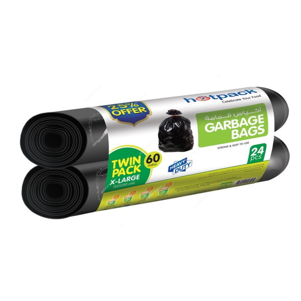 Hotpack Heavy Duty Garbage Bag, OPGBR95120TP25P, 60 Gallon, XL, Black, Twin Pack, 24 Pcs/Pack