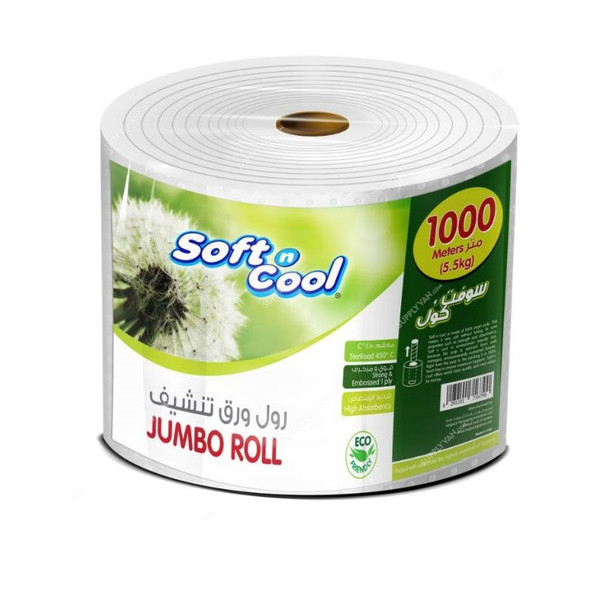 Hotpack Soft N Cool Jumbo Maxi Roll, SNCMR1X1000M, 2 Ply, 1000 Mtrs, White