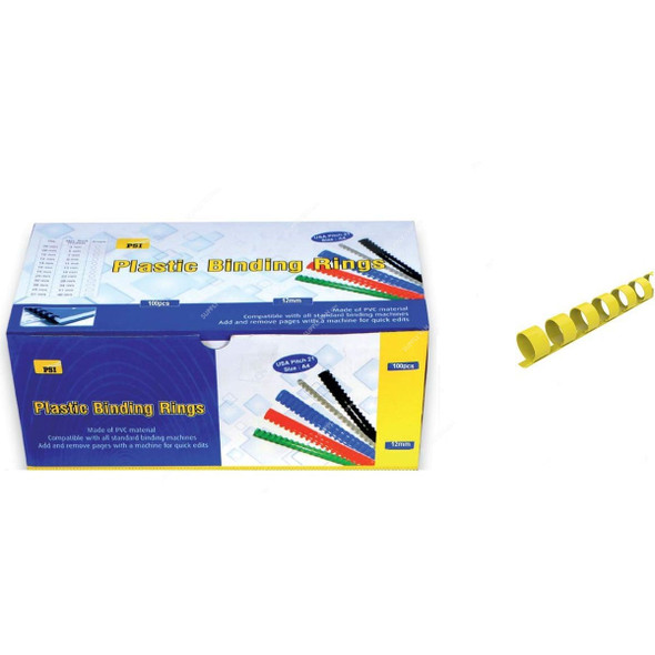 PSI Binding Ring, PSBR12YL, Plastic, 90 Sheets, 12mm, Yellow, 100 Pcs/Pack