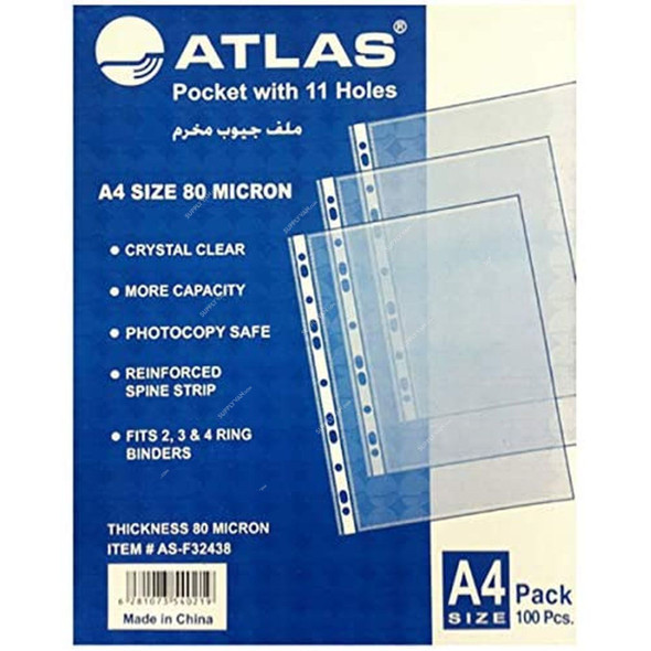 Atlas Pocket Sheet Protector, AS-F32438, A4, 80 Micron, Clear, 100 Pcs/Pack