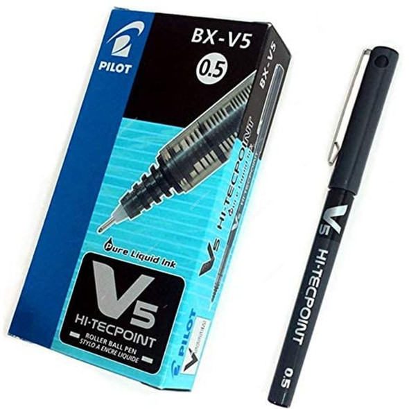 Pilot Roller Ball Pen, BX-V5, Hi-Tecpoint, 0.5MM, Black, 12 Pcs/Pack
